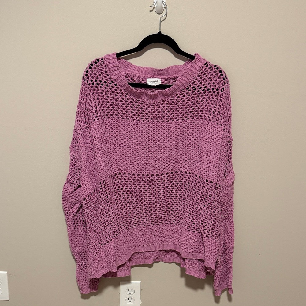 Relaxed Open-Knit Scoop Neck Sweater in Mauve Pink